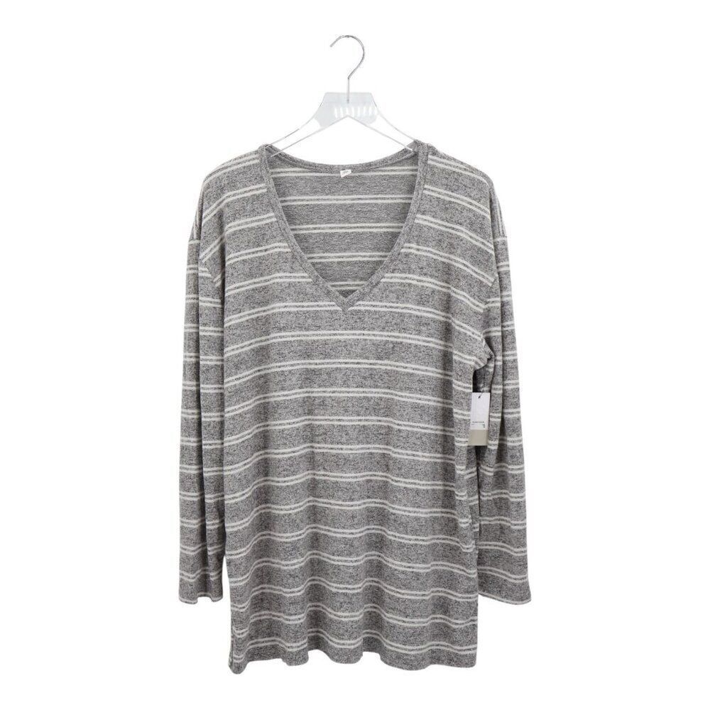 Nordstrom BP Womens Sweater Large Gray White Striped Deep V-Neck Lightweight